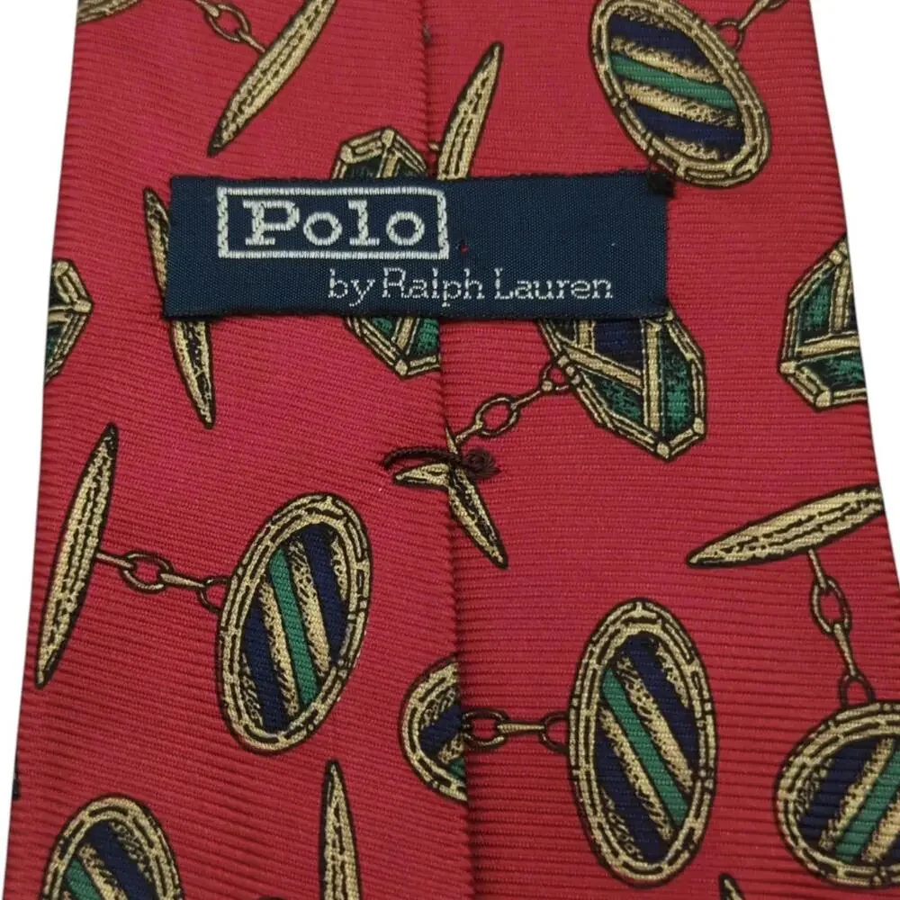 Vintage Polo Ralph‎ Lauren Men's Tie Red Repeating Cufflinks Repp Silk Necktie